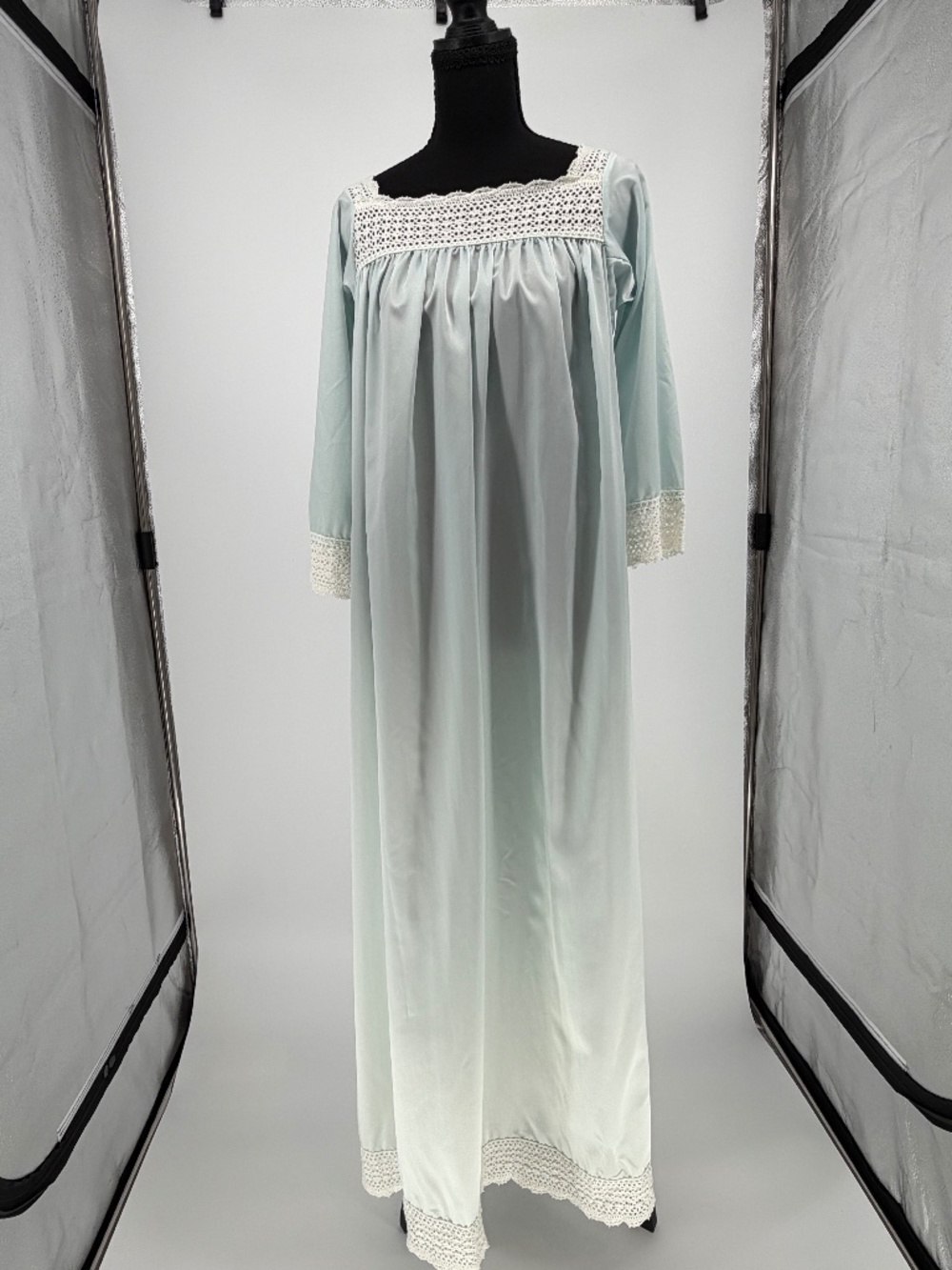 Vintage 70s Christian Dior for Lord & Taylor Ice Blue Crochet Lace Maxi Nightgow